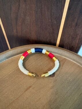 Nautical Rope Bracelet with Red, Navy Accent, gold tone hardware, 7.5”